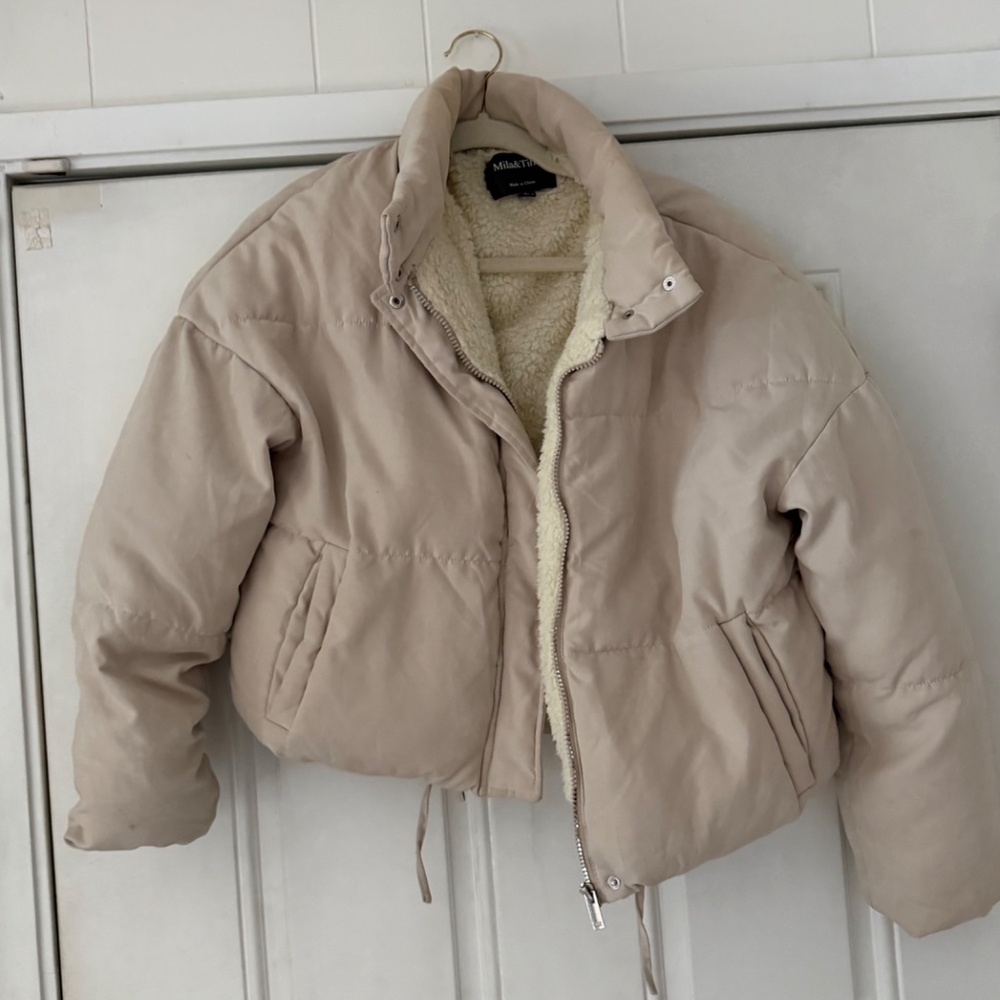 Milano Women's super cute double layered spring, crop Cream Puffer Jacket. Stay - Picture 5 of 12
